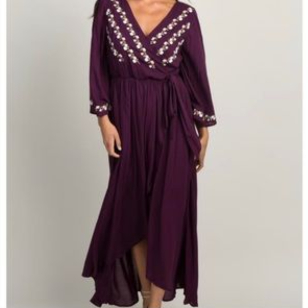 Purple embroidered faux wrap dress